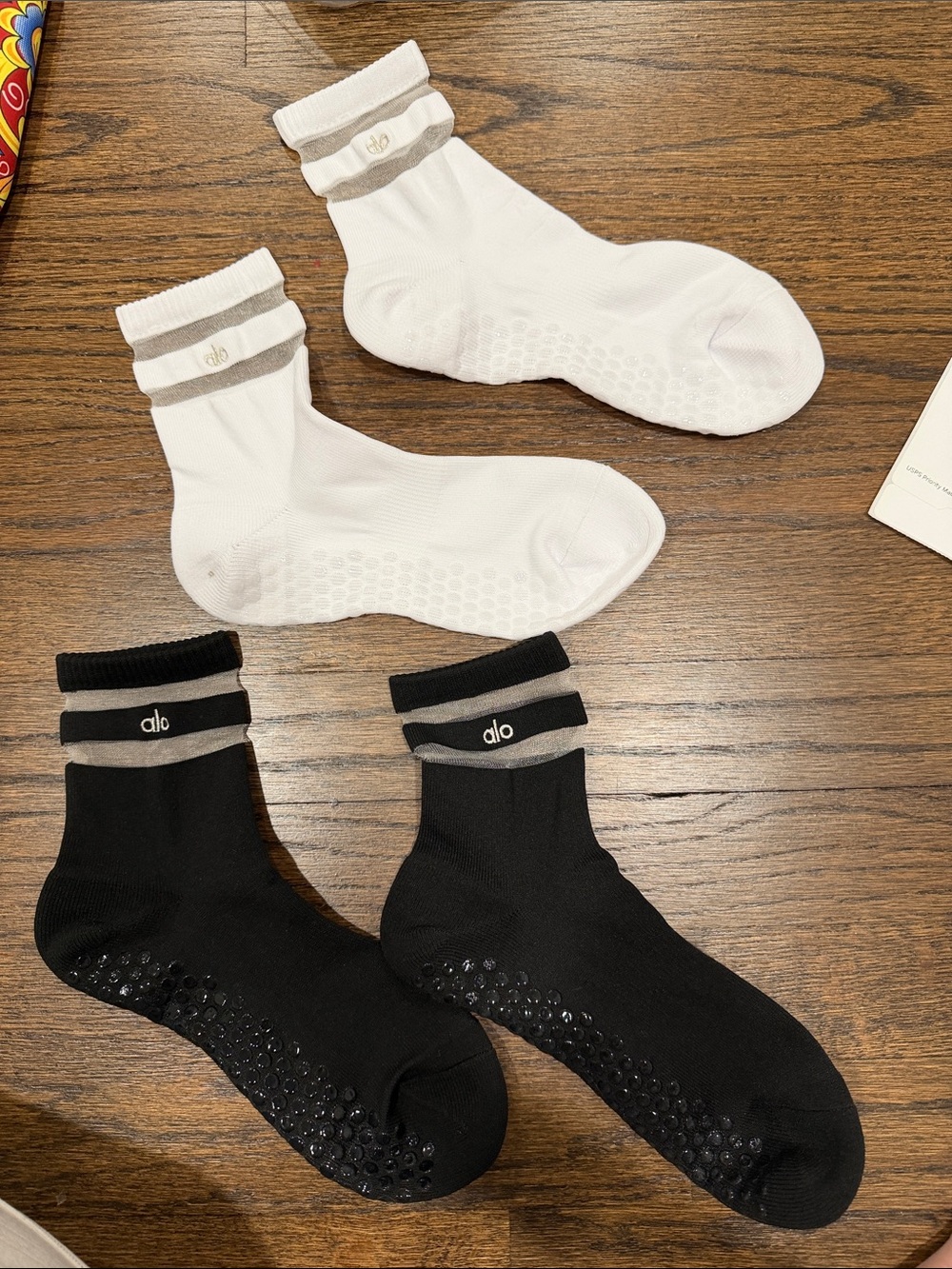 ALO Yoga Grip Crew Socks — White with mesh stripes & Black with mesh stripes